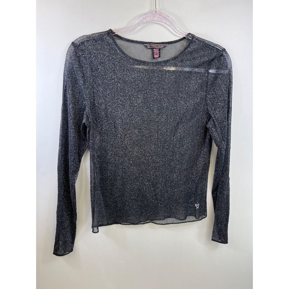 Victoria Secret Black See Thru Long Sleeve Top, Sparkly Black, Women's Size‎ XS